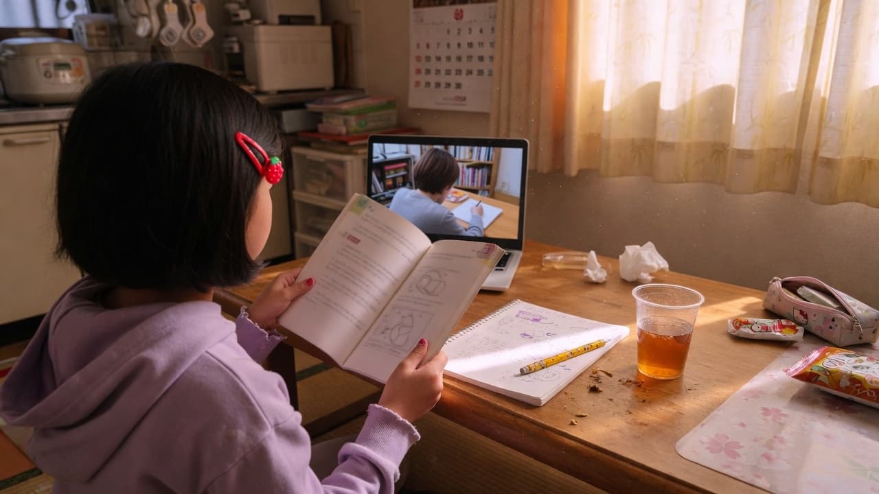 午後の窓明かりの中、教科書を画面の向こうの大人へ向けて説明する子どもの後ろ姿(イメージ)