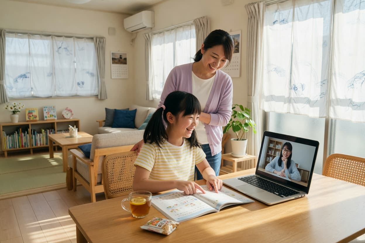 明るい部屋で、パソコンに写る大人の生徒に教科書を教える子どもと、後ろで見守るお母さん(イメージ)